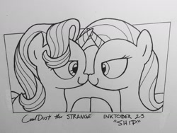 Size: 1280x960 | Tagged: safe, artist:coaldustthestrange, derpibooru import, starlight glimmer, trixie, pony, unicorn, boop, duo, female, horns are touching, lesbian, monochrome, noseboop, shipping, startrix, traditional art