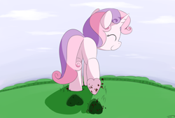 Size: 3496x2362 | Tagged: safe, artist:taurson, sweetie belle, pony, unicorn, commission, destruction, eyes closed, featureless crotch, fetish, giant pony, giantess, hoof fetish, macro, plot, smiling, solo, underhoof