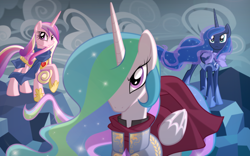 Size: 2400x1500 | Tagged: safe, artist:kumkrum, princess cadance, princess celestia, princess luna, alicorn, pony, action pose, armor, clothes, epic, female, ice, mare, open mouth, scarf, warrior cadance, warrior celestia, warrior luna