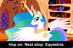 Size: 1024x671 | Tagged: safe, princess celestia, alicorn, pony, book, bronybait, caption, cs captions, female, golden oaks library, mare, solo