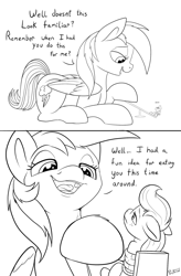 Size: 1500x2286 | Tagged: safe, artist:ponythroat, applejack, rainbow dash, earth pony, pegasus, pony, comic:failed lunch, comic, dialogue, eye contact, female, implied vore, looking at each other, mare, micro, missing accessory, monochrome, open mouth, rope, tied up