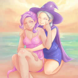 Size: 1200x1200 | Tagged: safe, artist:ninjaham, derpibooru import, starlight glimmer, trixie, human, beach, breasts, cleavage, clothes, cute, female, humanized, lesbian, shipping, startrix, swimsuit