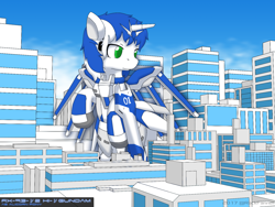 Size: 1600x1200 | Tagged: safe, artist:rockfannel, oc, oc only, alicorn, pony, alicorn oc, anime, city, crossover, giant pony, gundam, macro, mecha