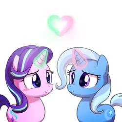 Size: 800x800 | Tagged: safe, artist:yosixi, derpibooru import, starlight glimmer, trixie, pony, unicorn, blushing, cute, diatrixes, female, glimmerbetes, glowing horn, heart, lesbian, looking at each other, mare, shipping, startrix