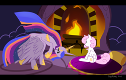 Size: 2500x1600 | Tagged: safe, artist:dotrock, artist:dotrook, princess celestia, princess twilight 2.0, twilight sparkle, twilight sparkle (alicorn), pony, fanfic:sunset, bowing, duo, ethereal mane, fanfic art, female, filly, fire, fireplace, mare, older twilight, race swap, role reversal, sunset, ultimate twilight