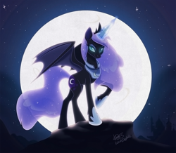 Size: 1500x1308 | Tagged: dead source, safe, artist:kawaiidogarts, nightmare moon, alicorn, pony, alternate design, bat wings, canterlot, crown, ethereal mane, female, full moon, glowing horn, hoof fluff, hoof shoes, horn, jewelry, looking at you, majestic, mare, moon, night, night sky, raised hoof, regalia, rock, signature, sky, slit eyes, smiling, solo, spread wings, standing, starry mane, starry night, starry tail, stars, the moon rises, wings