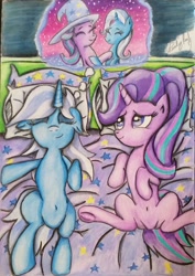 Size: 942x1328 | Tagged: safe, artist:steadypaw, derpibooru import, starlight glimmer, trixie, pony, unicorn, belly button, clothes, dream, duo, female, hat, lesbian, shipping, sleeping, smiling, startrix, traditional art, trixie's hat