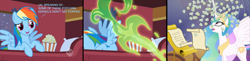 Size: 1080x264 | Tagged: dead source, safe, artist:dieoberuser, edit, edited screencap, screencap, princess celestia, rainbow dash, alicorn, pegasus, pony, over a barrel, comic, cropped, fire, fire breath, popcorn