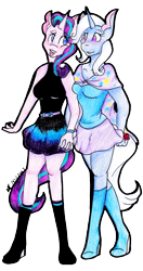 Size: 1823x3459 | Tagged: safe, artist:mscolorsplash, derpibooru import, starlight glimmer, trixie, anthro, plantigrade anthro, unicorn, female, holding hands, lesbian, mare, shipping, startrix, traditional art