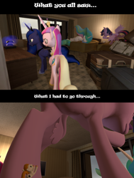 Size: 2000x2650 | Tagged: safe, artist:johnnyxluna, princess cadance, princess celestia, princess luna, twilight sparkle, twilight sparkle (alicorn), oc, oc:vanilla beam, alicorn, pony, 3d, gmod, macro, micro, size difference