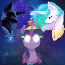 Size: 2000x2000 | Tagged: safe, artist:buljong, nightmare moon, princess celestia, alicorn, pony, big crown thingy, glowing eyes, high res, sad, smiling