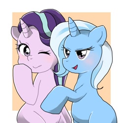 Size: 2000x2000 | Tagged: safe, artist:kouno bird, derpibooru import, starlight glimmer, trixie, pony, unicorn, blushing, female, lesbian, mare, one eye closed, raised hoof, shipping, smiling, startrix, wink