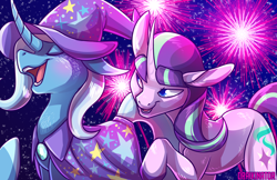 Size: 5100x3300 | Tagged: safe, artist:draikinator, derpibooru import, starlight glimmer, trixie, pony, unicorn, cape, clothes, curved horn, eyes closed, female, fireworks, hat, lesbian, mare, night, open mouth, raised hoof, shipping, smiling, startrix, trixie's cape, trixie's hat