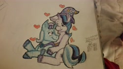 Size: 5312x2988 | Tagged: safe, artist:charmanderxerneas, derpibooru import, starlight glimmer, trixie, pony, unicorn, cuddling, female, heart, lesbian, shipping, startrix, traditional art