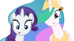 Size: 500x278 | Tagged: safe, artist:da-gunman, princess celestia, rarity, alicorn, pony, unicorn, curiosity, oh my, oooooh, whoooooah