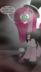 Size: 863x1500 | Tagged: safe, artist:zsocreed, pinkie pie, earth pony, pony, clothes, dr jekyll and mr hyde, dr pinkie and miss pie, duality, hat, inner demons, macro, micro, pinkamena diane pie, size difference, top hat