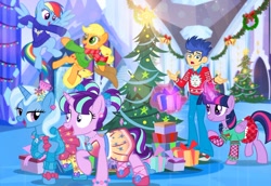 Size: 1000x689 | Tagged: safe, artist:pixelkitties, derpibooru import, applejack, flash sentry, rainbow dash, starlight glimmer, trixie, twilight sparkle, twilight sparkle (alicorn), alicorn, pony, equestria girls, christmas, christmas tree, clothes, dress, female, flashlight, holiday, human flash sentry x pony twilight, interspecies, lesbian, male, present, rick and morty, rick sanchez, scarf, shipping, socks, startrix, straight, sweater, tree, winter