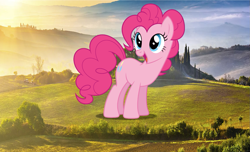 Size: 1229x746 | Tagged: safe, artist:dashiesparkle, artist:lightning19567, pinkie pie, pony, giant pony, irl, italy, macro, photo, ponies in real life, solo, tuscany