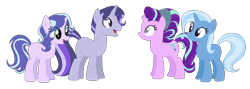 Size: 1328x475 | Tagged: safe, artist:thepegasisterpony, derpibooru import, starlight glimmer, trixie, oc, pony, unicorn, broken horn, family, female, lesbian, magical lesbian spawn, offspring, parent:starlight glimmer, parent:trixie, parents:startrix, shipping, simple background, startrix, transparent background