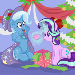 Size: 1024x1024 | Tagged: safe, artist:yoshimarsart, derpibooru import, starlight glimmer, trixie, pony, christmas, christmas tree, cup, cute, diatrixes, female, glowing horn, happy, holiday, lesbian, magic, present, shipping, startrix, teacup, telekinesis, that pony sure does love teacups, tree, watermark