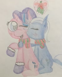 Size: 2055x2573 | Tagged: safe, artist:snivyshy24, derpibooru import, starlight glimmer, trixie, pony, unicorn, blushing, christmas, clothes, female, glowing horn, holiday, holly, holly mistaken for mistletoe, kissing, lesbian, magic, one eye closed, scarf, shipping, startrix, telekinesis, traditional art, wink