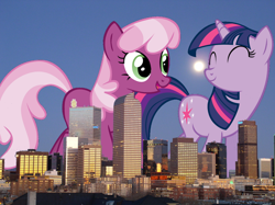 Size: 944x706 | Tagged: safe, cheerilee, twilight sparkle, pony, unicorn, cheerilight, colorado, denver, female, giant pony, lesbian, macro, photoshop, shipping