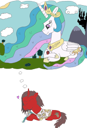 Size: 2033x2975 | Tagged: safe, artist:supahdonarudo, princess celestia, oc, oc:ironyoshi, alicorn, pony, canterlot castle, dream, giant pony, giantess, giantlestia, heart, macro, plushie, size difference, sleeping