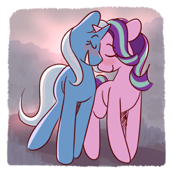 Size: 2208x2228 | Tagged: safe, artist:brightperiwinkle, derpibooru import, starlight glimmer, trixie, pony, unicorn, abstract background, blushing, couple, cute, diatrixes, eyes closed, female, glimmerbetes, horn, horns are touching, lesbian, love, mare, shipping, startrix