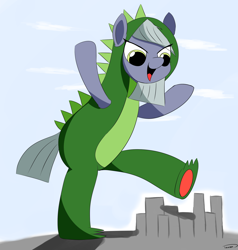 Size: 2238x2351 | Tagged: safe, artist:taurson, limestone pie, pony, bipedal, city, clothes, costume, godzilla (series), macro, solo