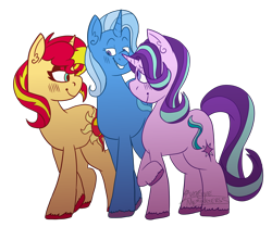 Size: 3000x2512 | Tagged: safe, artist:memingerss, derpibooru import, starlight glimmer, sunset shimmer, trixie, pony, unicorn, blushing, female, lesbian, lidded eyes, looking at each other, mare, polyamory, raised hoof, shimmerglimmer, shipping, simple background, smiling, startrix, startrixset, suntrix, transparent background, unshorn fetlocks