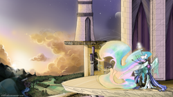 Size: 1920x1080 | Tagged: safe, artist:nastylady, princess celestia, alicorn, cyborg, pony, clothes, dress, scenery, solo