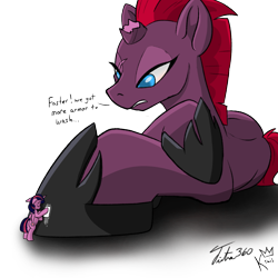 Size: 2000x2000 | Tagged: safe, artist:kingkrail, artist:tsitra360, derpibooru exclusive, edit, tempest shadow, twilight sparkle, twilight sparkle (alicorn), alicorn, pony, my little pony: the movie, dialogue, floppy ears, horseshoes, macro, micro, simple background, transparent background