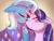 Size: 4620x3542 | Tagged: safe, artist:cherivinca, derpibooru import, starlight glimmer, trixie, pony, unicorn, blushing, cape, clothes, cuddling, cute, diatrixes, eyes closed, female, floppy ears, glimmerbetes, gradient background, happy, lesbian, mare, nuzzling, shipping, smiling, snuggling, startrix, trixie's cape