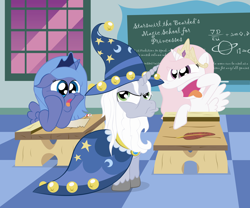 Size: 3852x3201 | Tagged: safe, artist:t-3000, princess celestia, princess luna, star swirl the bearded, alicorn, pony, classroom, filly, funny faces, high res