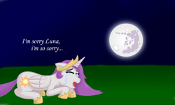 Size: 900x540 | Tagged: safe, artist:kitsune-the-fox, princess celestia, alicorn, pony, crying, depressed, depressedia, moon, regret, sad