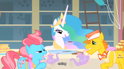 Size: 640x355 | Tagged: safe, screencap, carrot cake, cup cake, princess celestia, alicorn, pony, a bird in the hoof, youtube caption