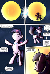 Size: 1280x1877 | Tagged: safe, artist:shieltar, part of a series, part of a set, twilight sparkle, unicorn twilight, pony, unicorn, comic:giant twilight, comic, cute, dialogue, giantess, macro, magic, plot, pony bigger than a planet, size difference, smiling, solo, space, stars, sun, teleportation