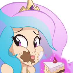 Size: 500x500 | Tagged: safe, artist:ric-m, princess celestia, human, ponyville confidential, aweeg*, cake, cakelestia, cute, cutelestia, female, food, frown, humanized, looking back, messy, messy eating, nervous, puffy cheeks, scene interpretation, solo