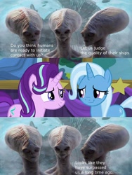 Size: 600x800 | Tagged: safe, derpibooru import, edit, screencap, starlight glimmer, trixie, alien, pony, unicorn, no second prances, female, lesbian, meme, pun, shipping, startrix