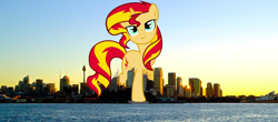 Size: 1024x452 | Tagged: safe, sunset shimmer, pony, giant pony, giant/macro sunset shimmer, irl, macro, photo, ponies in real life, sydney