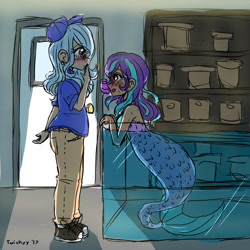 Size: 3150x3150 | Tagged: safe, artist:mylittleyuri, derpibooru import, starlight glimmer, trixie, human, mermaid, blushing, converse, female, humanized, lesbian, mermaidized, shipping, shoes, smiling, sneakers, species swap, startrix