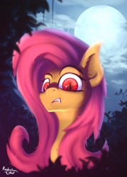 Size: 1920x2688 | Tagged: safe, artist:kridershot, fluttershy, bat pony, pony, bat ponified, bust, ear fluff, fangs, female, flutterbat, full moon, looking at you, mare, moon, night, outdoors, race swap, red eyes, slit eyes, solo, three quarter view