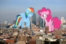 Size: 1936x1296 | Tagged: safe, artist:dashiesparkle, artist:slb94, artist:theotterpony, rainbow dash, pony, giant pony, giant rainbow dash, happy, irl, kansas city, macro, mega/giant rainbow dash, photo, plot, ponies in real life, story included