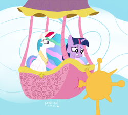 Size: 1152x1036 | Tagged: safe, artist:phallen1, princess celestia, twilight sparkle, alicorn, pony, canterlot, hot air balloon, twinkling balloon