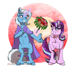 Size: 1024x934 | Tagged: safe, artist:inuhoshi-to-darkpen, derpibooru import, starlight glimmer, trixie, pony, unicorn, abstract background, blush sticker, blushing, bouquet, cape, clothes, curved horn, female, flower, glowing horn, heart background, hoof on chin, horn, jewel, lesbian, magic, mare, one eye closed, realistic horse legs, rearing, shipping, smiling, standing, startrix, telekinesis, trixie's cape, underhoof, unshorn fetlocks, wink