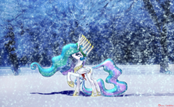 Size: 900x557 | Tagged: safe, artist:lova-gardelius, princess celestia, alicorn, pony, candle, snow, snowfall, solo