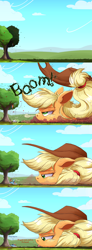 Size: 2500x6816 | Tagged: safe, artist:ncmares, applejack, rainbow dash, earth pony, pegasus, pony, :p, apple, apple tree, big-apple-pony, comic, cowboy hat, dialogue, faceplant, falling, female, food, giant pony, hat, lidded eyes, looking down, macro, mare, pillow, pomf, silly, slice of life, snorting, stetson, surprised, tongue out, tree