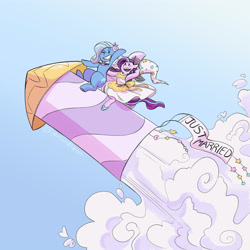 Size: 3000x3000 | Tagged: safe, artist:overlordneon, derpibooru import, starlight glimmer, trixie, pony, unicorn, clothes, dress, female, flying, lesbian, married, married couple, missing horn, rocket, shipping, smiling, startrix, toy interpretation, trixie's rocket, wedding dress