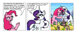 Size: 1575x662 | Tagged: safe, artist:gingerfoxy, pinkie pie, rarity, earth pony, pony, unicorn, pony comic generator, comic, fight, macro, ponyville