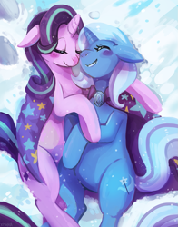 Size: 1135x1445 | Tagged: safe, artist:cherivinca, derpibooru import, starlight glimmer, trixie, pony, unicorn, blushing, cape, clothes, cute, diatrixes, eyes closed, female, floppy ears, glimmerbetes, lesbian, mare, nuzzling, shipping, smiling, snow, snuggling, startrix, trixie's cape